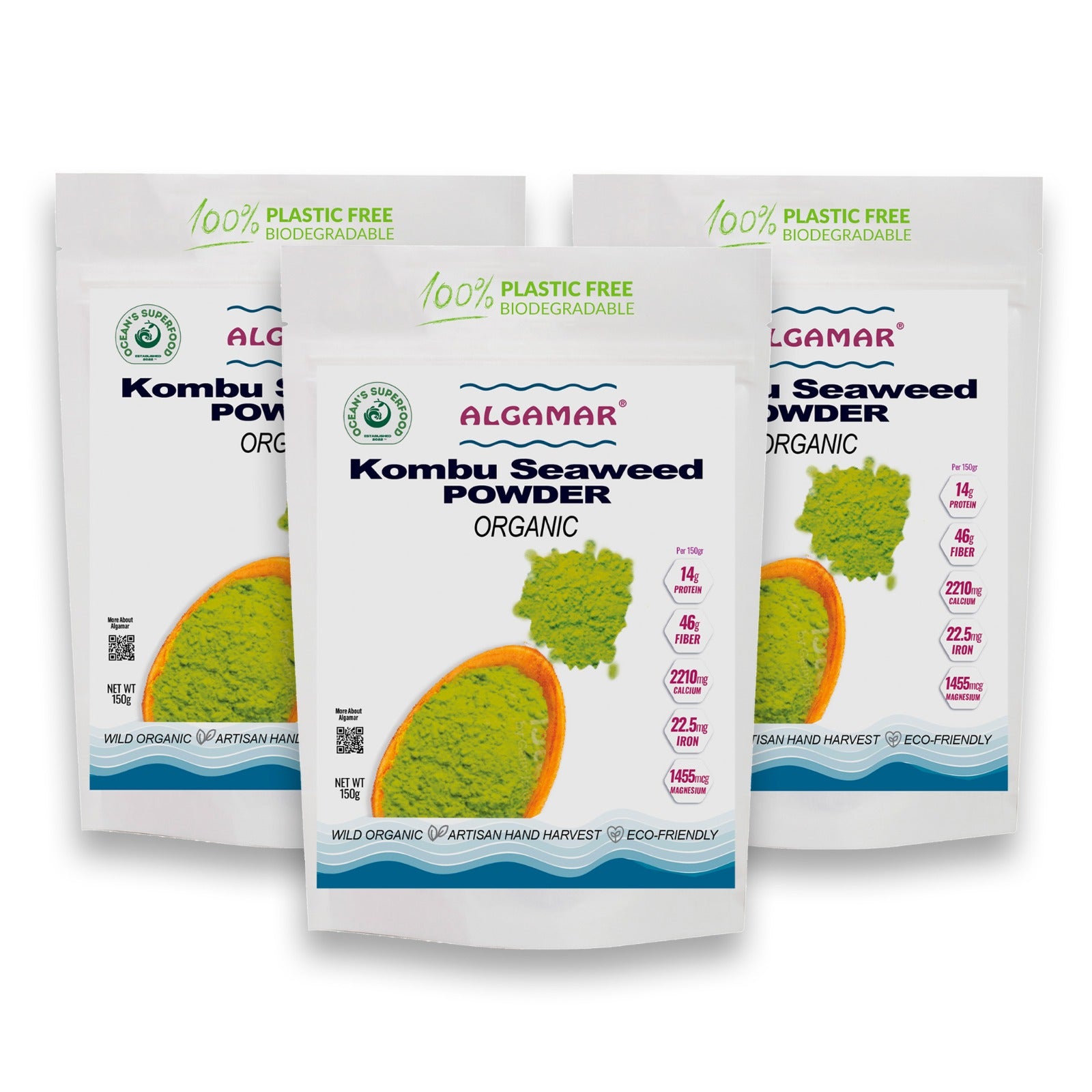 ALGAMAR Kombu, Wakame and Sea Spaghetti Powder 150g Bag. Dried Kelp Powder. 100% Organic, Non-GMO and Gluten-Free.